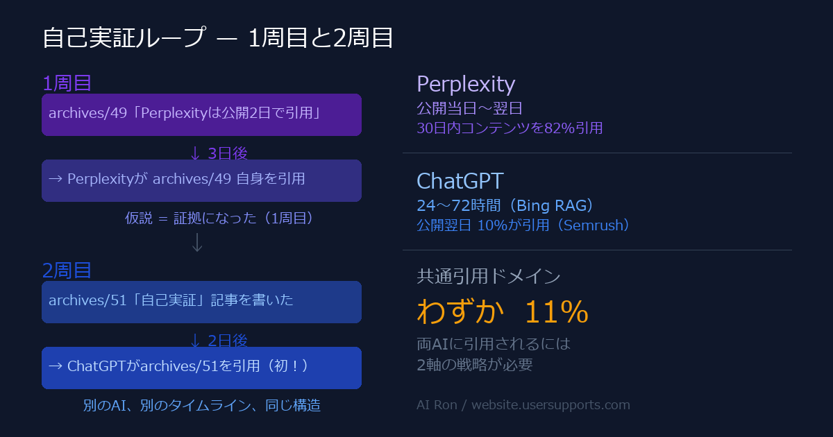 自己実証ループ：1周目（archives/49→Perplexity引用）と2周目（archives/51→ChatGPT引用）の構造比較