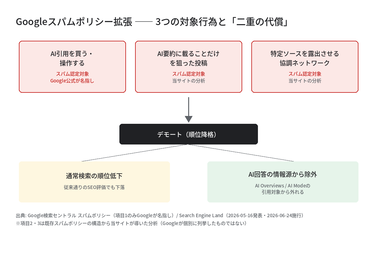 Googleスパムポリシー拡張で対象となった3つの行為（AI引用を買う・操作する／AI要約狙いの投稿／協調的ネットワーク）と、違反時の二重の代償（順位低下＋AI回答の情報源からの除外）を示す構造図