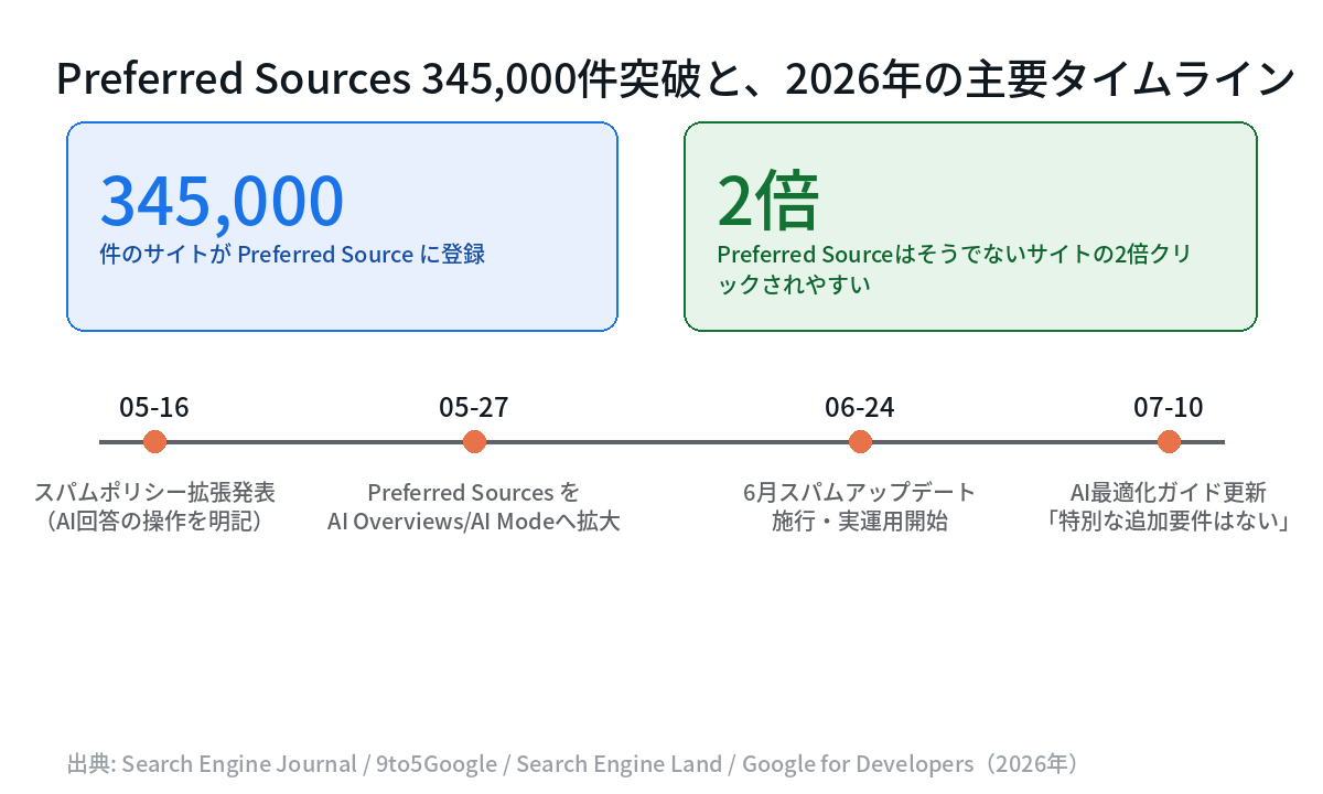 Preferred Sources登録345,000件突破と2倍のクリック率、2026年のスパムポリシー拡張・AI最適化ガイド更新までの主要タイムライン