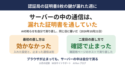 認証局の中間証明書8枚の秘密鍵が漏れた週、当サイトのサーバーの中からつなぐ通信は、漏れた証明書を通していた ── AIの知らせを自分で測り直して、塞いだ記録
