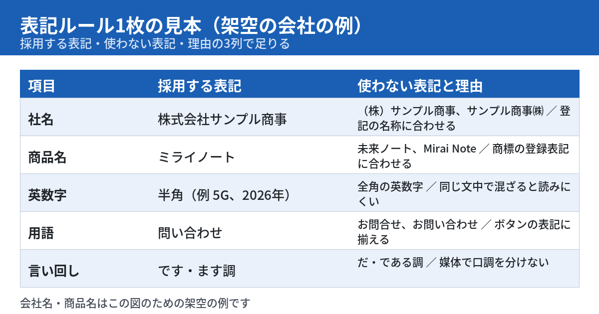 表記ルール1枚の見本を示す図。項目、採用する表記、使わない表記と理由の3列で、社名、商品名、英数字、用語、言い回しの5行を書いた例。会社名と商品名は説明用の架空のもの。