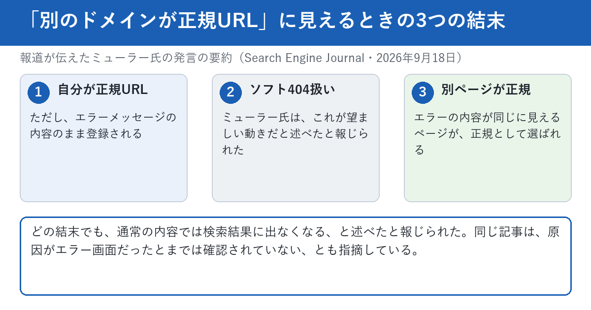 報道が伝えたミューラー氏の3つの結末を示す図。1は自分のページが正規URLだがエラーメッセージの内容のまま登録される、2はソフト404として扱われる、3は別のページが正規URLになる。どの結末でも通常の内容では検索結果に出なくなる。同じ記事は、原因がエラー画面だったとまでは確認されていないと指摘している。