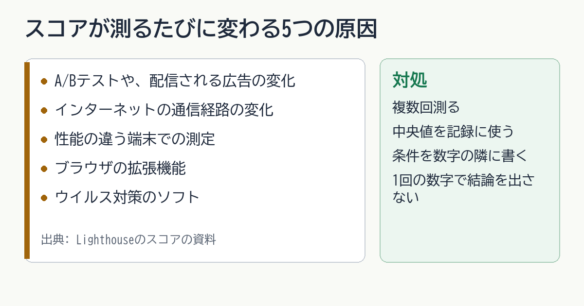 PageSpeed Insightsのスコアが測るたびに変わる原因の図。公式の資料が挙げる5つは、A/Bテストや広告の変化、通信経路の変化、端末の性能の違い、ブラウザの拡張機能、ウイルス対策のソフト。対処は複数回測って中央値を使うこと