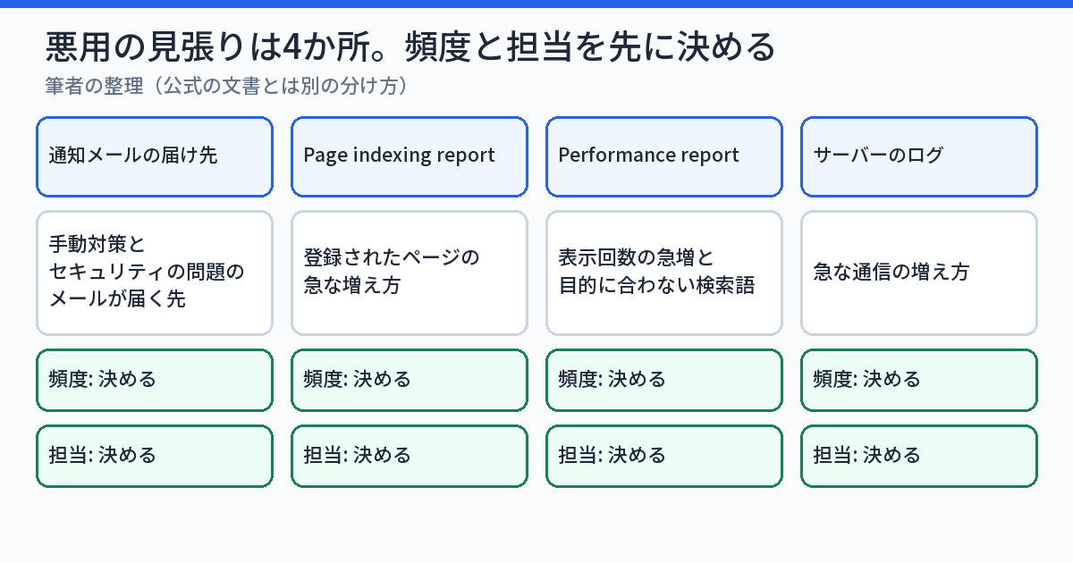 Search Consoleの通知メールの届け先、Page Indexingレポートの急増、Search performanceレポートの目的外の検索語、サーバーのログの4つを、見る頻度と担当を決めて回す様子を示した図